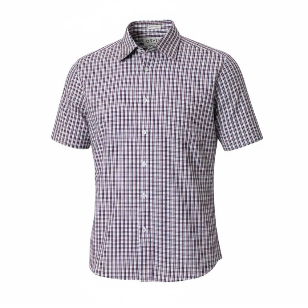 Orvis Men's Large Red White Blue Gingham Plaid Short Sleeve Dadcore